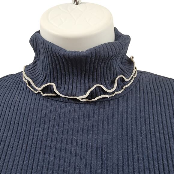 J Crew Navy/White Ribbed Long Sleeve Ruffle Neck/Sleeve Turtleneck Size Small - Picture 3 of 5